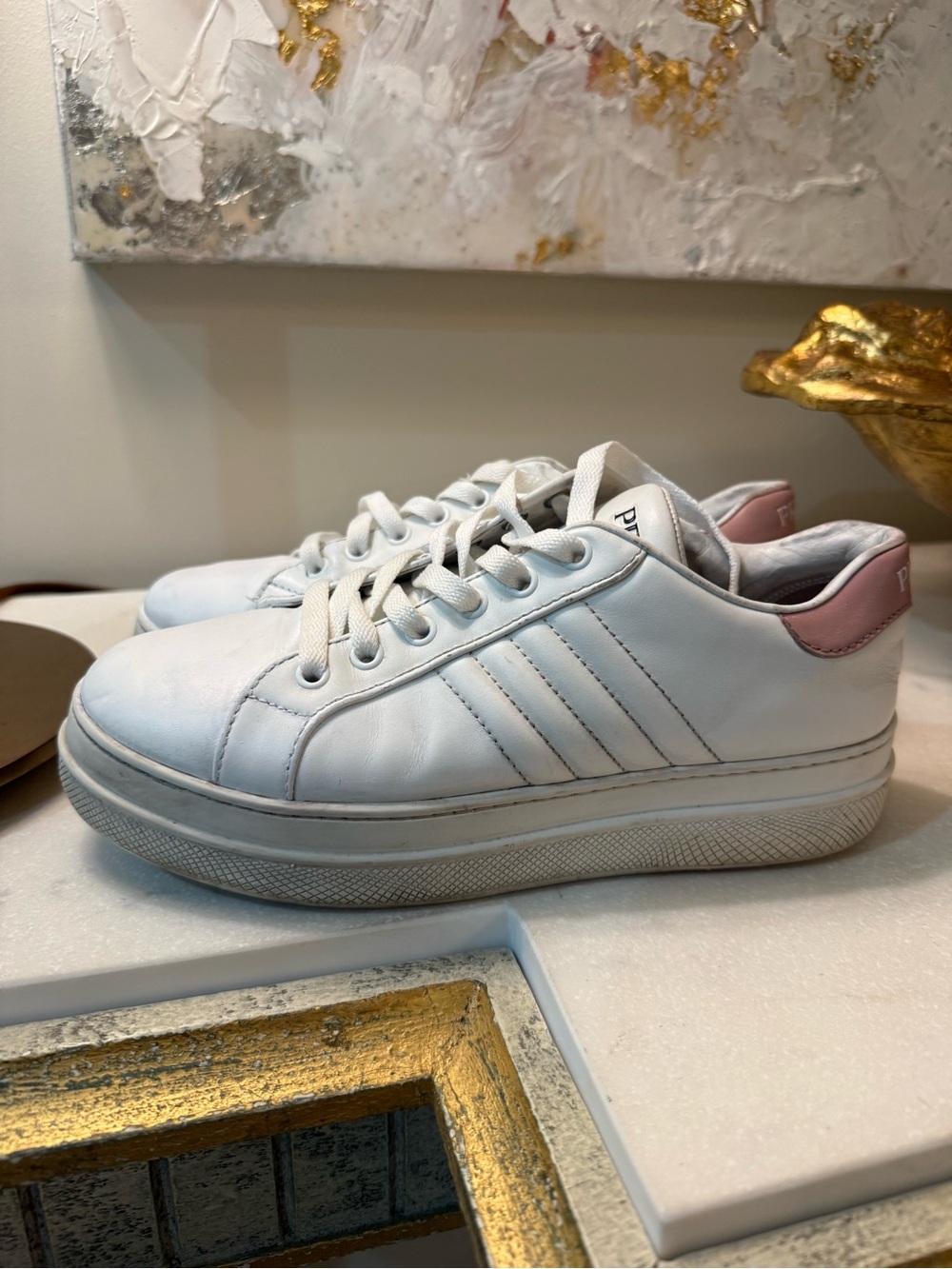 PRADA White & Blush Pink Leather Low-Top Sneakers – Size 38